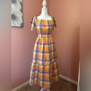 Cottage-core, pastel rainbow gingham tiered shoulder tie midi dress size M NWT